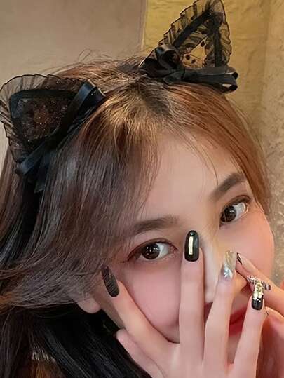 【复古猫耳头箍】优雅蕾丝单片猫耳头箍夹 | 复古风格，纯色，可爱卡通小猫耳朵发饰，适合女性日常佩戴，万圣节派对化妆舞会猫女郎头饰，黑色蕾丝可爱猫咪兔耳朵头箍