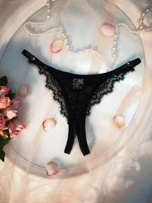 Black Cap Sleeve Comfortable Lace Sheer Pearl Decor Sexy Lingerie Set For Women