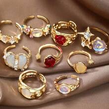 Irregular Shaped Artificial Crystal Open Ring Set, Retro Bohemian Style Stacked Ring Set, Women's Fashionable Jewelry Party Daily Wear Vacation Gift - 9Pcs/Set - 查看 6
