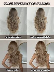 NAMM 26 英寸挑染棕金色波浪假发，宽松长卷发，带刘海，深色发根，高品质耐热纤维合成长卷发假发，适合时尚女性和女孩派对角色扮演使用 - 紫色 - 查看 7