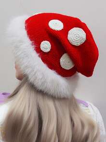 1 Piece Beautiful Ladies' Hat Thick Knitted Warm Hat With Faux Fur Trim & Polka Dots - Cozy Winter Headwear For Women