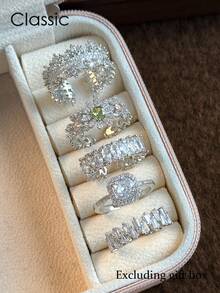 5pcs Elegant Copper Inlaid Cubic Zirconia Fashion Simple Chic Rings Set, Suitable For Wedding, Party, Holiday Gift, Bride