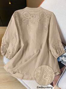 女式轻盈半透视V领无结构刺绣衬衫，春夏 - 卡其色 - 查看 5