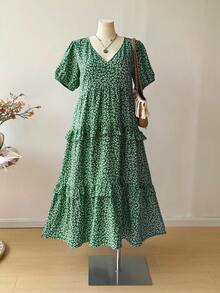 Rusttydustty Đầm ngắn tay bèo nhún màu xanh dương kiểu bohemian họa tiết hoa nhí dành cho nữ cỡ lớn, thích hợp cho kỳ nghỉ hè, thanh lịch. - màu xanh lá - Xem 5