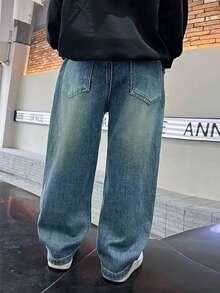 直筒宽松休闲牛仔裤，适合青少年男孩/大龄青少年男孩，水洗牛仔长裤，简约时尚 - 淺色水洗藍 - 查看 4