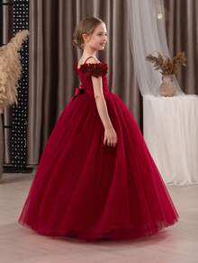 青少年女孩勃艮第 3D 花卉网眼覆盖派对礼服，优雅公主礼服适合女孩礼服、生日派对、舞会、婚礼、花童、伴娘、节日场合 - 酒紅色 - 查看 7