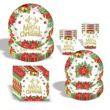 10 Stücke Weihnachts-Teller mit Weihnachts-Elch-Glocken-Kranz Einwegteller Party Zubehör, Weihnachtliche Geschirr-Serie mit Stechpalme beinhaltet: Pappteller, Dessert-Teller, Pappbecher und Servietten, perfekt für fröhliche Weihnachtsfeier Dekoration Neujahr