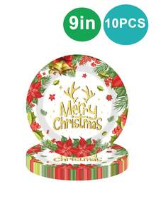 10 Stücke Weihnachts-Teller mit Weihnachts-Elch-Glocken-Kranz Einwegteller Party Zubehör, Weihnachtliche Geschirr-Serie mit Stechpalme beinhaltet: Pappteller, Dessert-Teller, Pappbecher und Servietten, perfekt für fröhliche Weihnachtsfeier Dekoration Neujahr