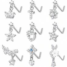 9 PCS Dangle Nose Rings - L Shaped For Women, 20G Stainless Steel Nose Rings Studs With CZ Cross, Crown, Flower, Heart Dangling Piercing Jewelry - Multicolor - View 12