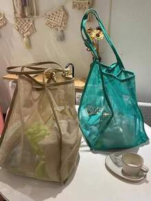 1/2 Peças Bolsa de Ombro de Tela, Bolsa de Praia de Grande Capacidade, Bolsa de Armazenamento Versátil e Multifuncional, Bolsa de Tela para Praia, Adequada para Itens de Viagem ao Ar Livre, Cosméticos, Roupas, Compras, Organizador de Artigos de Toalete, Bolsa de Armazenamento para Banheiro - Multicolorido - Visão 3