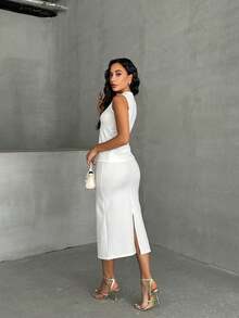 WOMEN'S WHITE OTTOBAN FABRIC SLIT SKIRT - BUTTONED BLOUSE SET, TOP AND BOTTOM Two Pieces SET - White - View 6