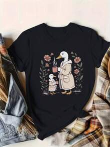 Camiseta teediy con escena floral acogedora de madre pato y patito para mujer - 100 % algodón, corte cómodo, manga corta, cuello redondo, informal, lavable a máquina, para usar en todas las estaciones, lindas camisetas, ropa de diario, p - Negro - Ver 2