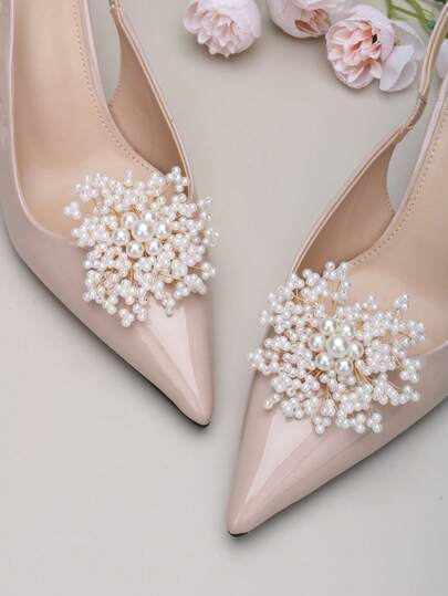 2pcs Detachable Shoe Accessories, Faux Pearl Decorated Sunflower Bow Shoe Clips, Fashionable & Elegant Shoe Decorations For Women High Heels, Pumps, Bridal Shoes, Crystal Shoes In White, Black, Red, Nude, Gold Colors