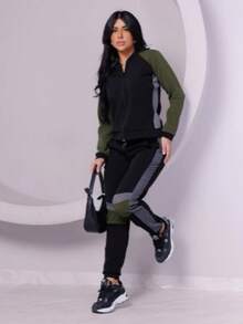 Creep Knit Set: Long Sleeve Blouse, Winter Pants, Front Zipper - xanh quân đội - Xem 2
