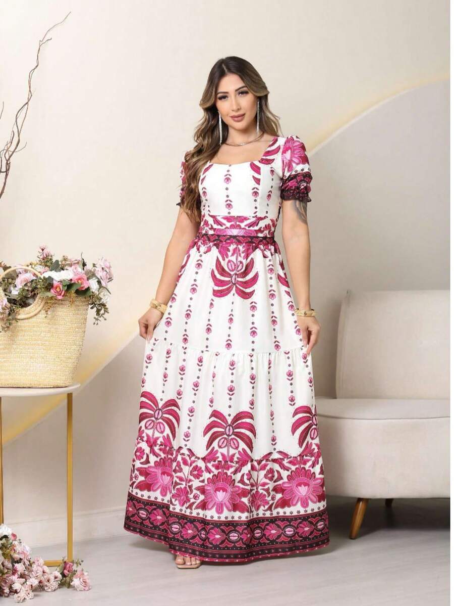 Elegant Long Women's Dress With Print And Short Sleeves - 粉色 - 查看 1