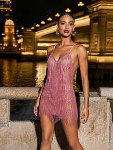 Basrey 吊带V领轻薄亮片流苏鸡尾酒礼服、派对礼服、短裙，适合毕业典礼、生日派对、鸡尾酒会、夜店性感装扮、女士生日礼服、女士度假装扮 - 粉色 - 查看 6