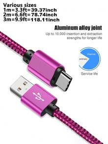 60W USB 轉 Type-C 快充線，快充數據線，尼龍編織 USB-A 轉 USB-C 充電線，適用於 Galaxy S26/S25/S24/S23/S22/S21/S20 手機充電線，萬聖節禮物/聖誕禮物 - 玫紅色 - 查看 2