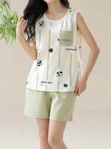 AICJ 2pcs/Set Women Casual Cute Panda & Letter Print Short Sleeve Vest Top And Shorts Pajamas Set, Soft And Comfortable For Spring/Summer Lounge Wear
