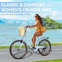 Beach Cruiser Bike For Women, 24 26 Inch 7 Speed Commute Bike For Adults, Womens Bicycle With Ratten Basket And Adjustable Seat, Lightweight Step Through Bike For Adults Women Ladies - Blue - View 7