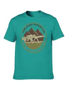 S~5XL Classic  Cotton Tee | Unisex American Size | 180gsm Fabric | Men's Vintage Military Sniper Graphic T-Shirt Funny Long Range Shooting Design Casual Wear Gift For Gun Enthusiasts Print | Beach & Casual Wear - 藍綠色 - 查看 3