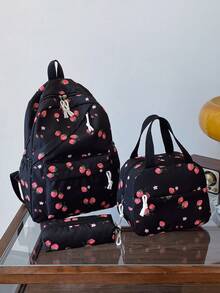 三件套时尚草莓印花书包套装，包含书包、午餐包和铅笔盒，带笔记本电脑隔层、可调节肩带、多口袋大容量多功能书包套装，适合女生/青少年/大学生/毕业生日常使用/度假/旅行/返校 - 黑色 - 查看 10