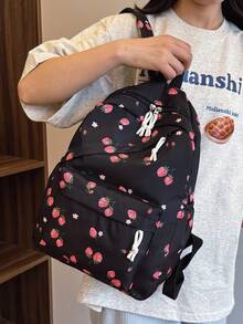 三件套时尚草莓印花书包套装，包含书包、午餐包和铅笔盒，带笔记本电脑隔层、可调节肩带、多口袋大容量多功能书包套装，适合女生/青少年/大学生/毕业生日常使用/度假/旅行/返校 - 黑色 - 查看 7