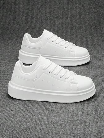 男士白色系带休闲滑板鞋户外韩版时尚日常增高运动步行运动鞋情侣鞋