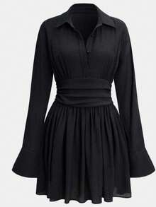 Women's Textured Pleated Flare Sleeve Casual Solid Color Shirt Dress - Black - View 4