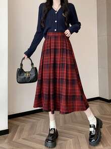 Plaid Casual Pleated High Waist Women's Skirt, Suitable For Daily Life, Photography, All Seasons - Red - View 4