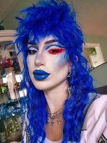 [Women's Curly Wig] Heat-Resistant 18 Inch Blue Water Ripple Curly Wig With Bangs 150% Density Water Wave Curls, Breathable Rose Net Cap Versatile For Halloween&Role Play Use