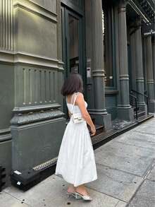 Đầm dự tiệc mùa xuân hè gợi cảm, đơn giản, màu trơn, khâu nhún cho nữ - trắng - Xem 4