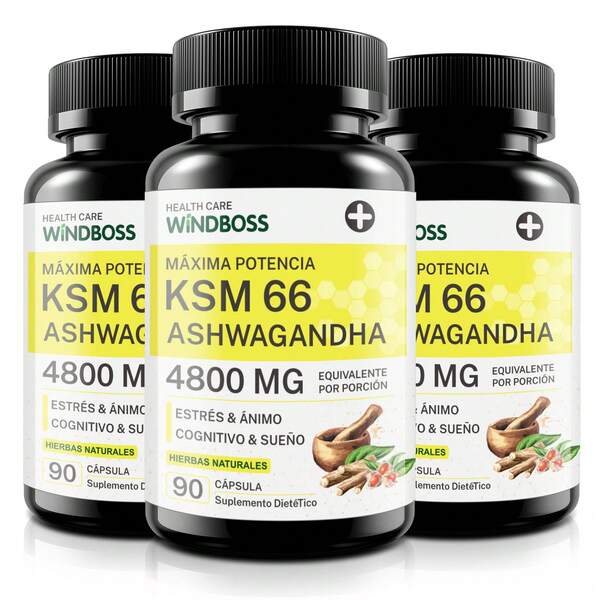Windboss Cápsulas de Ashwagandha KSM-66 4800mg, Suplemento Orgánico de Ashwagandha, Sin Gluten, No Transgénico, Vegano, con Pimienta Negra para Mejor Absorción, y Apoyo al Sueño - 90 Cápsulas