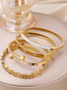 4 件/1 件 18K 镀金不锈钢可叠戴手镯，经典镂空罗马数字和心形设计，时尚欧美休闲、派对、节日风格腕饰，适合女士、生日、婚礼、挚友、情人节礼物 - 手鐲A - 查看 2