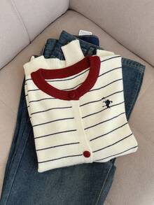 2025 Autumn/Winter New Style Women's Knitted Cardigan - Color-Block Stripe, Embroidered Pattern Decoration, Round Neck, Long Sleeve