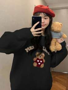 Damen Loose Fit Bären Muster Pullover Sweater mit gemütlicher Weihnachtsstimmung, Langarm gestrickter Rundhals Oberteil für Herbst Winter, für den täglichen Gebrauch, Schule, Outdoor Outfit, Langarm Oberteil, Süß, Schulkleidung