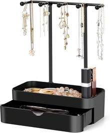 Jewelry Holder Organizer, Jewelry Display Stand With Metal Holder And Plastic Tray, Black Double-Layer