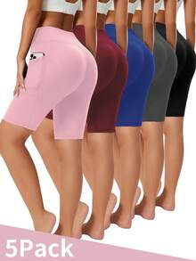 5 Pack Women's Biker Shorts With Pockets,High Waisted Tummy Control,Super Soft,Workout Running Yoga Athletic Shorts,For Gym Yoga Running Summer Clothes,Medium Stretch, Solid Color, All-Season - 5PCS - 查看 1