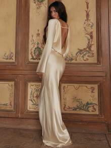 优雅垂坠领长袖露背美人鱼裙、鸡尾酒会礼服、婚礼宾客礼服、圣诞礼服 - 奶油黃 - 查看 1