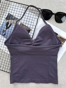 Áo tập yoga thể thao không tay dáng ngắn cho nữ, áo tank top co giãn thoáng khí dành cho tập luyện thể dục mùa hè - Bụi tím - Xem 4