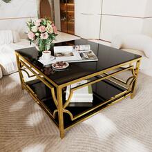 MoolSun Luxury Metal Living Room Furniture Set, Multi Person Dining Table For Living Room Gatherings, 2-Piece Luxury Metal Dining Chairs, Double-Layer Black Tempered Glass Top Edge Table, Double-Layer Black Tempered Glass Countertop With Stainless Steel Circular Living Room Coffee Table, Modern Glass Countertop Mirror With Gold Stainless Steel Living Room Entrance Table, Suitable For Living Rooms, Apartments, Kitchens, Bedrooms, Offices, And Hotels. - B-方形咖啡桌-黑色 - 查看 2