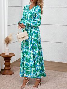 Women's Fall Long-Sleeved Floral Maxi Dress, Casual Pleated V-Neck Bohemian Style A-Line Flowing Maxi Dress, Suitable For Wedding Guests - 白底綠花 - 查看 5