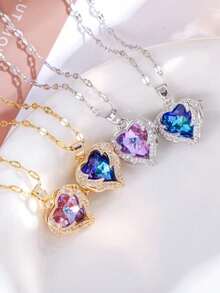 Luxury Elegant Heart Pendant Necklace With Colorful Crystals Stainless Steel Chain For Women Ideal - 金色 - 查看 1