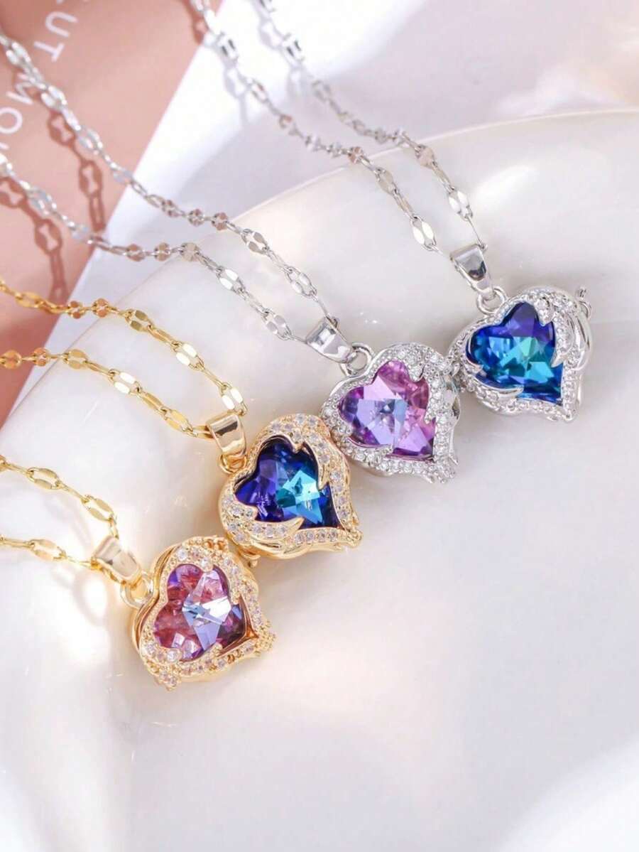 Luxury Elegant Heart Pendant Necklace With Colorful Crystals Stainless Steel Chain For Women Ideal - 金色 - 查看 1