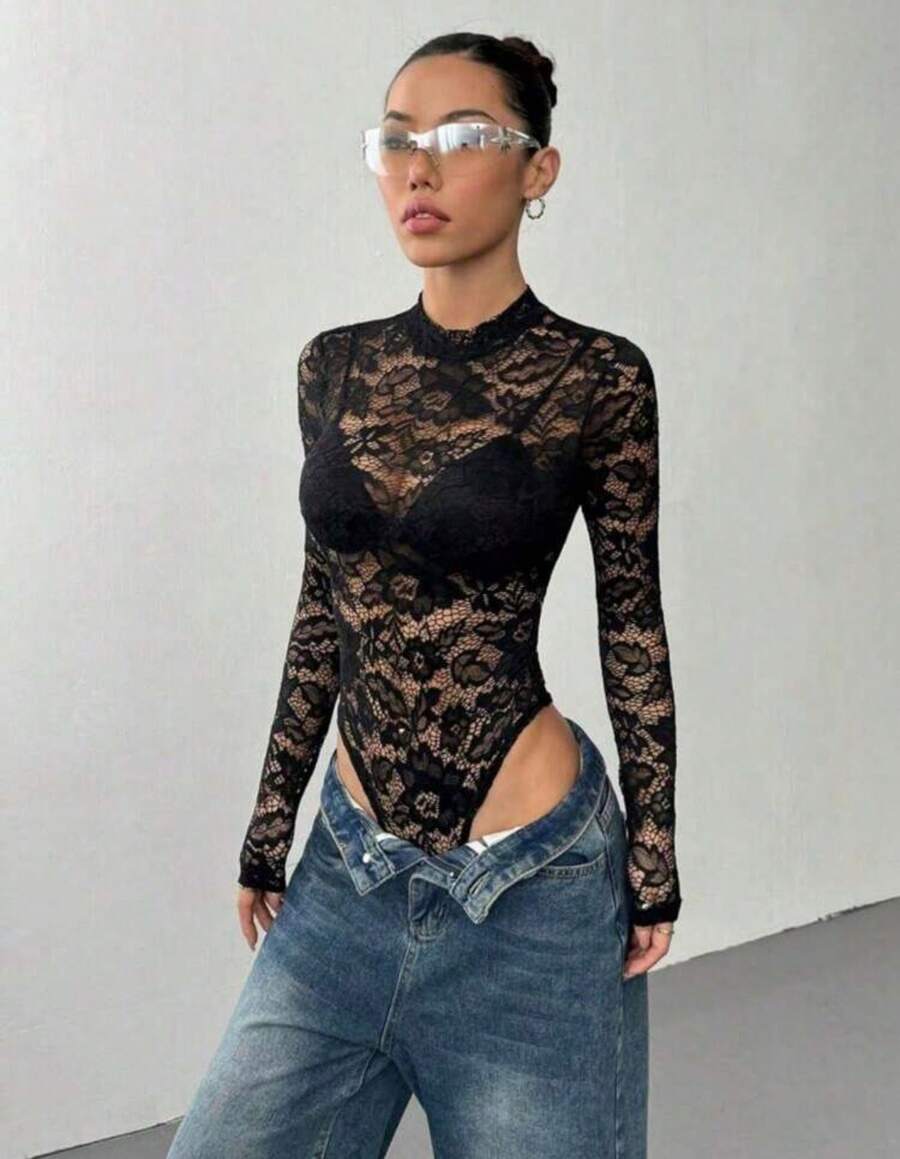 Women's Long Sleeve Tulle Lace Bodysuit – Sexy, Sheer And Stylish! - 黑色 - 查看 1