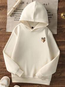 1pc Girls Casual Printed Pullover Hoodie Sweatshirt, Thermal Lined, Long Sleeve, Autumn/Winter - Apricot - View 4