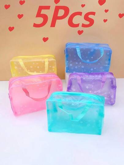 5 pièces Sac de toilette de voyage, sacs de maquillage, sac de rangement pour cosmétiques imperméable à fleurs imprimées, transparent et portable pour bouteilles, cosmétiques, articles de toilette de salle de bain. Couleur aléatoire des sacs à cosmétiques