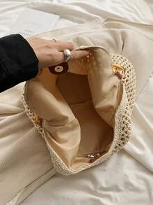 Elegant Vacation Style Bead Crochet Bag &Shoulder Bag& Hollowed Out Tote Bag For Women ,Wooden Handle Woven Handbag, Perfectly Matching With Crochet Set, Vacation Essentials, Perfectly Matching With Beach Accessories Women, Beach Necessities,Beach Essentials,Beach Stuff & Summer Essentials, Hottest Beach Bags - Beige - View 7