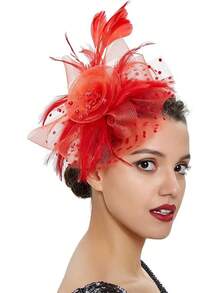 Ibeauti Fascinator Hats With Screentouch Lace Gloves Set Women Tea Party Cocktail Wedding Derby Headwear Short Gloves - 02 Red - 查看 2