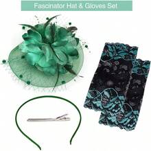 Ibeauti Fascinator Hats With Screentouch Lace Gloves Set Women Tea Party Cocktail Wedding Derby Headwear Short Gloves - Green-lace Gloves - 查看 2