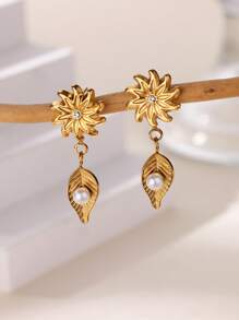 1Pair Dainty Three Layer Heart & Pearl & Zirconia Hoop Earrings For Women, Light Luxury Three-Layer Hanging Stud Earrings, Faux Pearl Cubic Zirconia Stainless Steel Stud Earrings, Ladies Jewelry Fashion Accessories, Valentine's Day Gifts, Anniversary Gifts